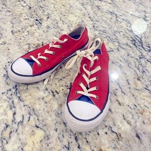 Red with blue Converse low tops